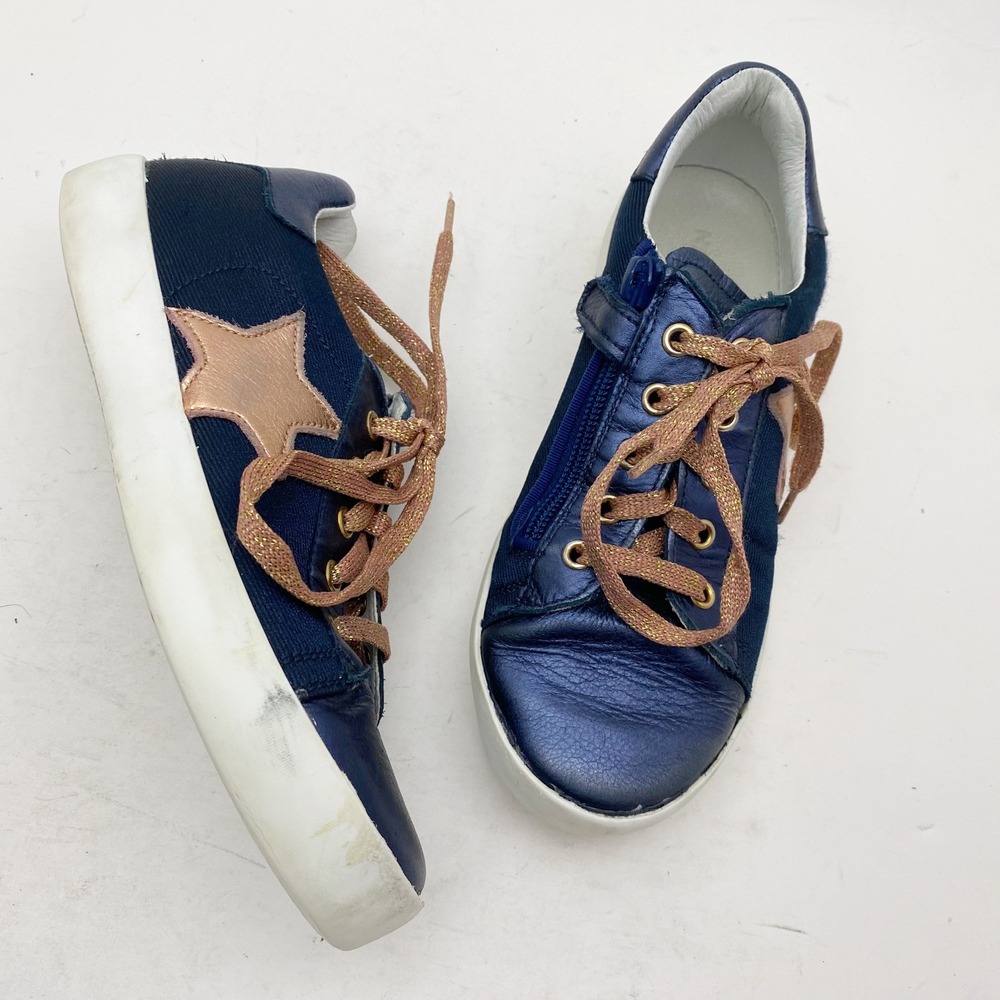 Naturino Kids Navy Blue Metallic Star Sneakers Lace Up Zip Kids Size‎ 33 EU